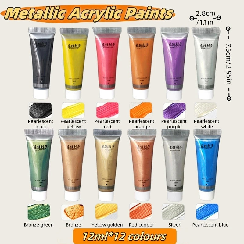 Pearlescent Acrylic Pigments Set 12ml*12 Colours Metallic Acrylic Colours Golden Hand Paints Silver Waterproof Painting Paint
