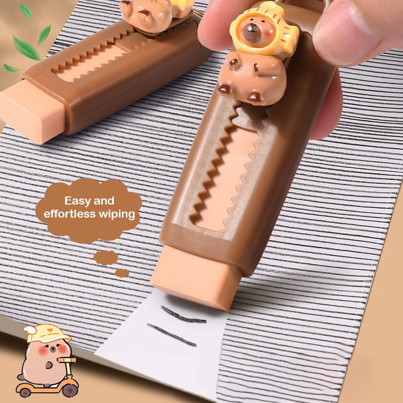 Capybara Eraser Cute Cartoon Bear Retractable Eraser Push-Pull Rubber Erasers Set For School Student Stationery Office Supplies