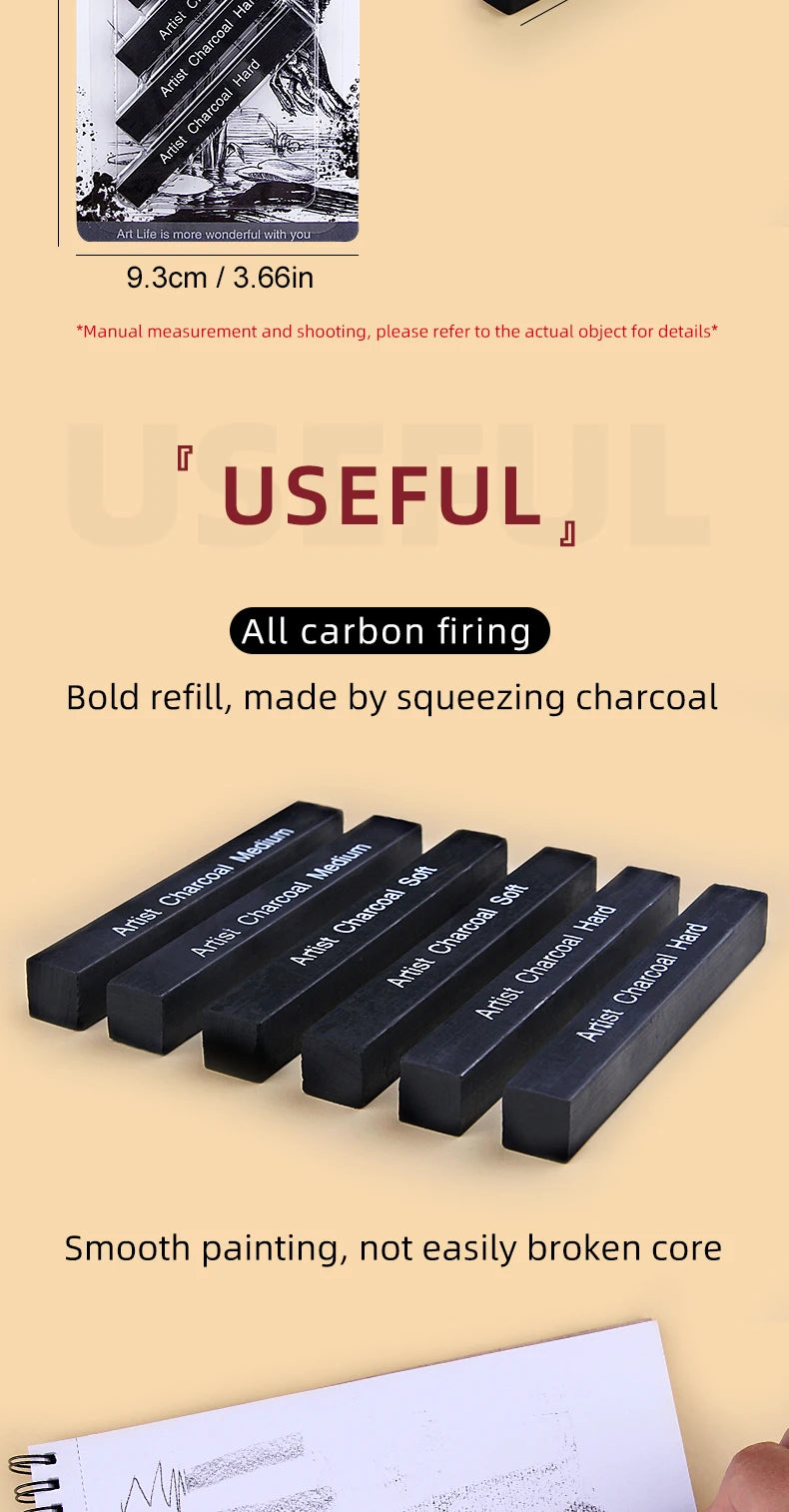 Graphite Sketch Wood Carbon Strip Set, Art Student Painting, Charcoal Pencil, Solid, Wholesale, 6Pcs