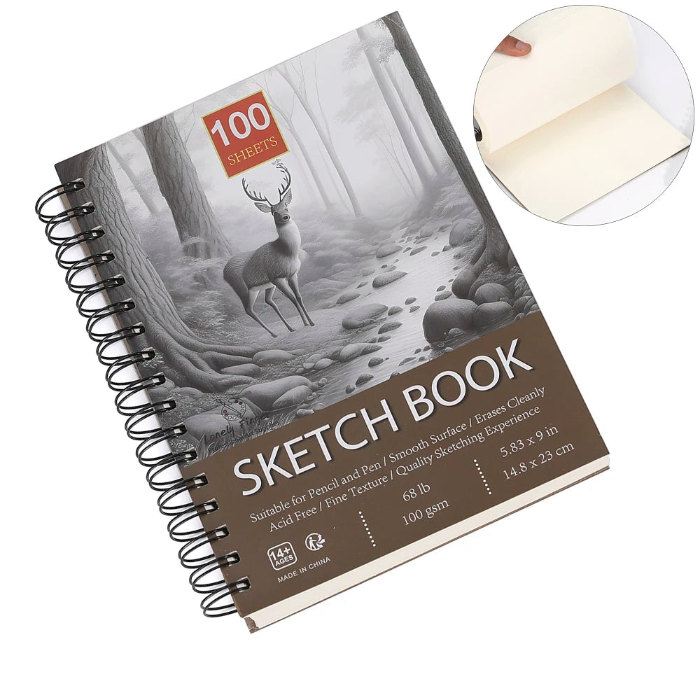 1PC 100-Sheets Sketch Book, Top Spiral Bound Sketch Pad,  (68lb/100gsm), Acid Free Art Sketchbook Artistic Draw