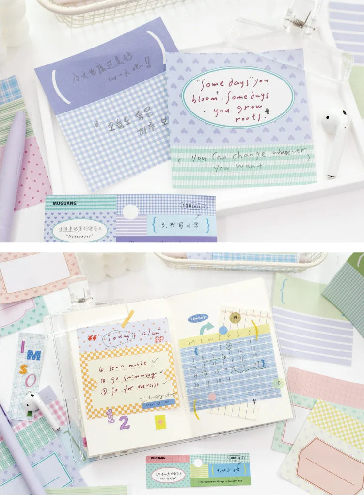 100 Sheets Grid White Kraft Paper Notepad, Pastel Plaid Memo Notes, Self‑adhesive Sticky Notes for Journal Planner School Office