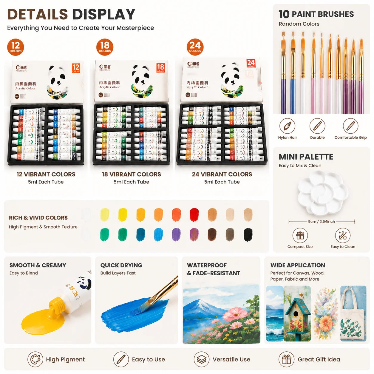 12/18/24-Color Acrylic Paint Set, Including 10 Painting Brushes with Mini Palette Multi-Functional Professional Art Painting Kit