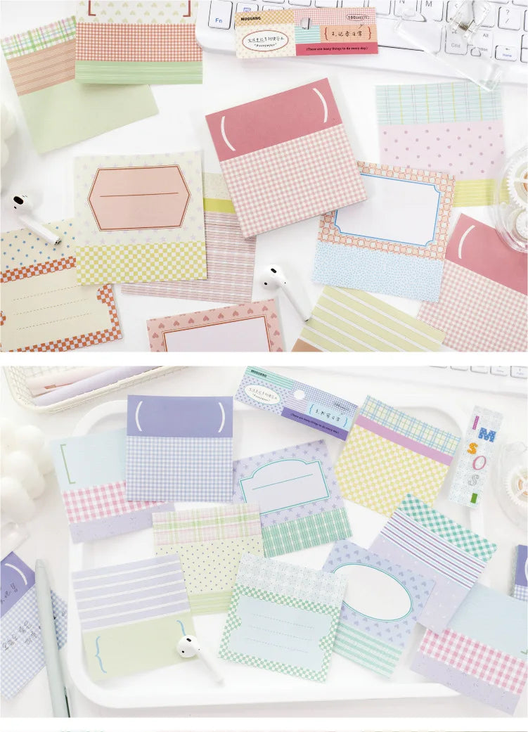 100 Sheets Grid White Kraft Paper Notepad, Pastel Plaid Memo Notes, Self‑adhesive Sticky Notes for Journal Planner School Office