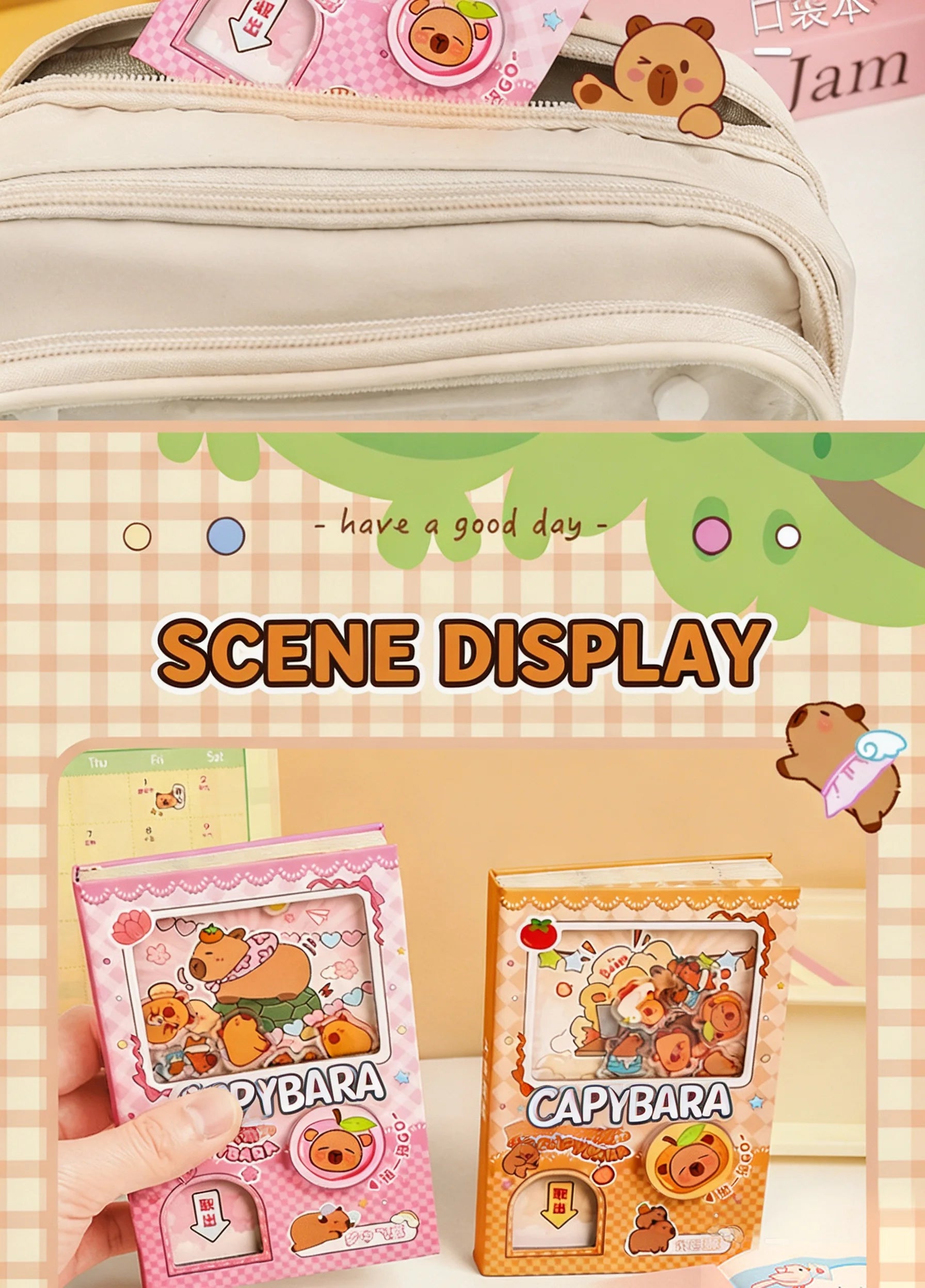 Cute Capybara School Notebook, Kawaii Cartoon Writing Journal with Interactive Gashapon Cover, Back to School Supplies for Kids