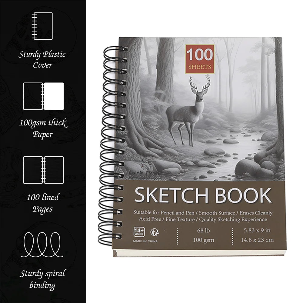 1PC 100-Sheets Sketch Book, Top Spiral Bound Sketch Pad,  (68lb/100gsm), Acid Free Art Sketchbook Artistic Draw