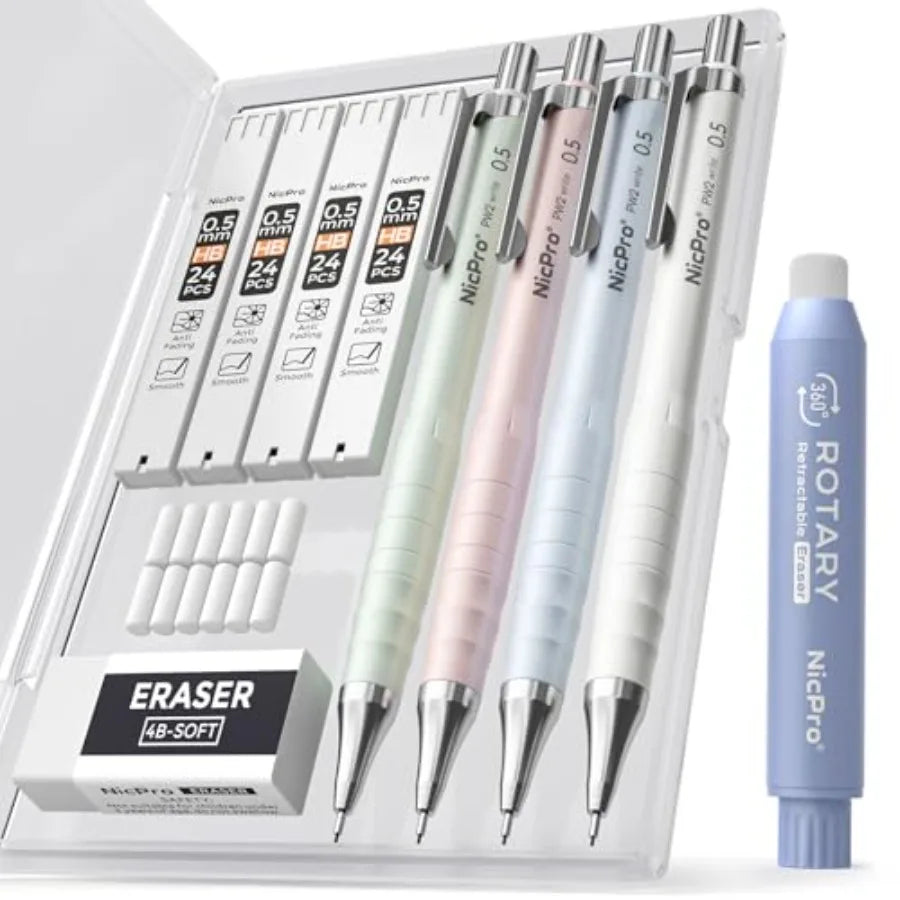 Cute Mechanical Pencil Set, 4PCS Pastel Drafting Pencils with 4 Tube HB Lead Refills, 4B Erasers, Rotary Retractable Eraser and