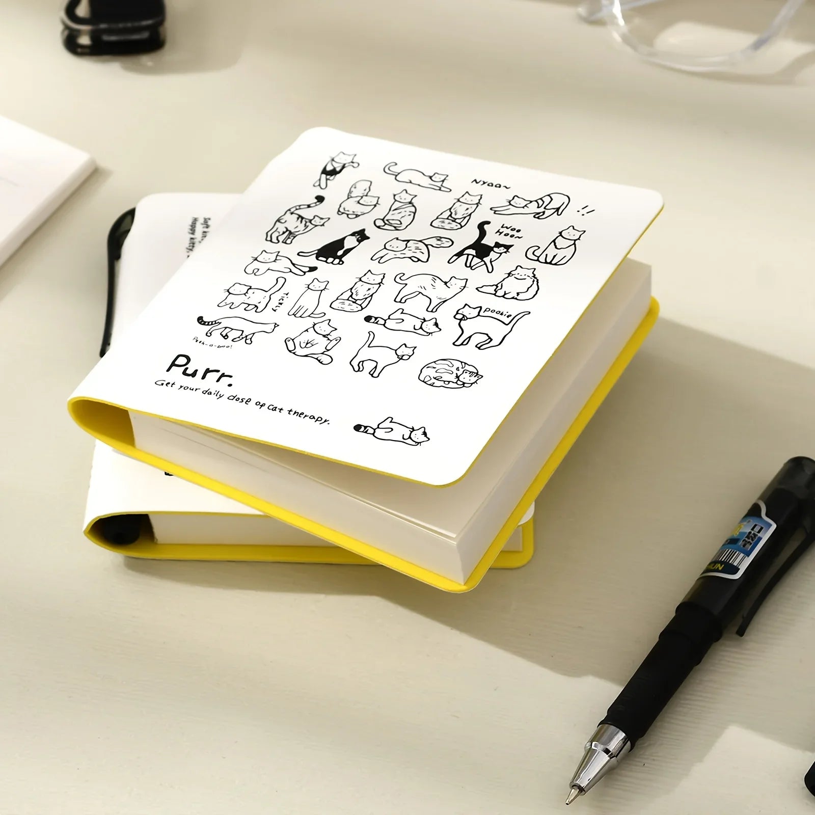 Cartoon Cat Notebook Paper Cover 224 Pages Notebook Print Pen Holder Travel Portable Office School Stationery Daily Memo Gift