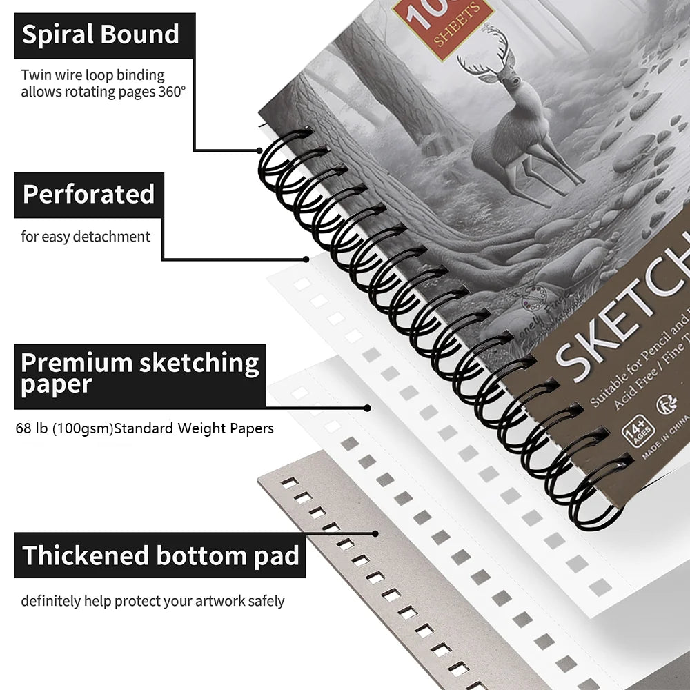 1PC 100-Sheets Sketch Book, Top Spiral Bound Sketch Pad,  (68lb/100gsm), Acid Free Art Sketchbook Artistic Draw