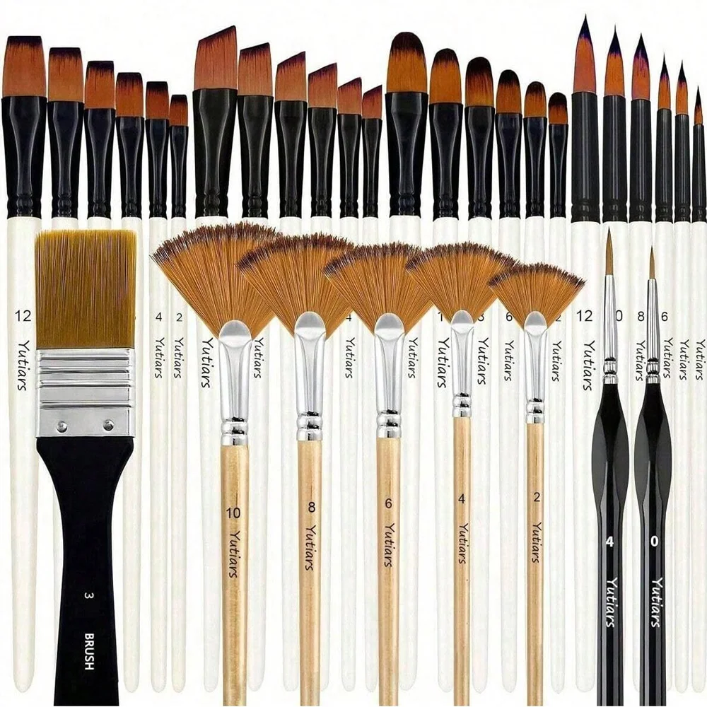 28/32 Pcs Paint Brushes for Acrylic Painting, Premium Nylon Bristles with Round, Filbert, Flat, Fan, Angle, Fine Detail Brush