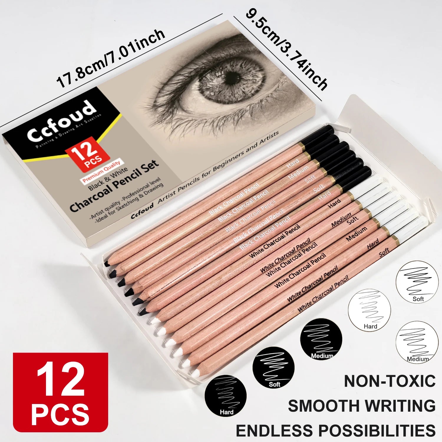Pro Charcoal Pencils Drawing Set,6/10/12/20 PCS,Black/White Charcoal Pencils,S/M/H Charcoal Pencil for Drawing,Sketching,Shading