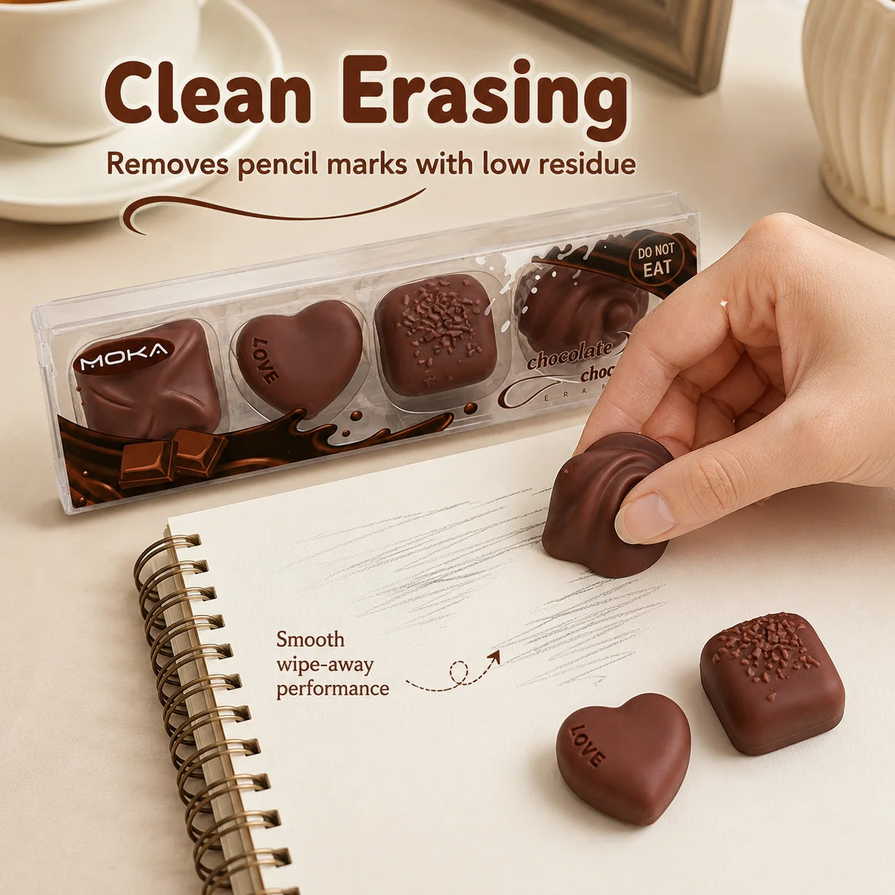 Simulated chocolate eraser with fun, few shavings, big blocks, clean thoroughly, pencil eraser, creative student stationery