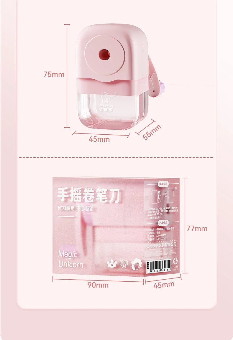 Hand cranked pencil sharpener allows students to sharpen various pencil shapes. Comes with stickers for DIY study supplies