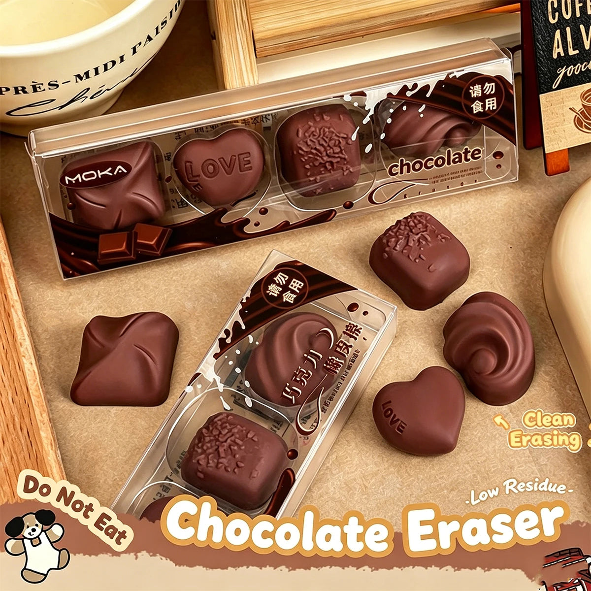 Simulated chocolate eraser with fun, few shavings, big blocks, clean thoroughly, pencil eraser, creative student stationery