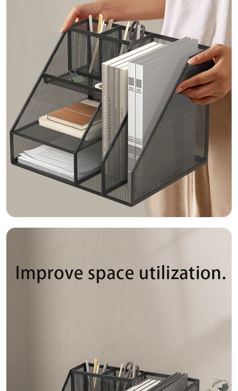 Desk Organizer with File Holder, Desk Organizers with 3 Tier Letter Trays and 2 Pen Holders, Mesh Desk Accessories & Workspace