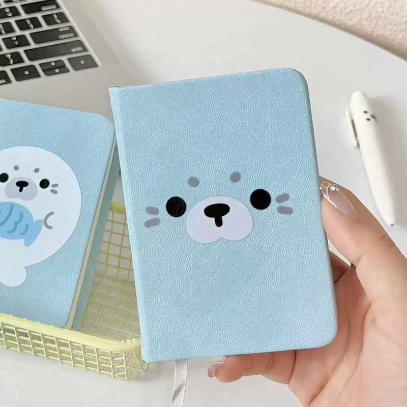 New Cartoon Seals Kawaii Notebook Soft School Supplies Blue Cute Animal Diary Book Leather Daily Planner Ribbon Kids Stationery