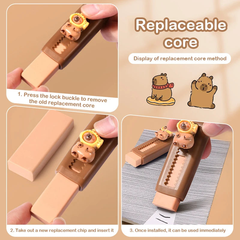 Capybara Eraser Cute Cartoon Bear Retractable Eraser Push-Pull Rubber Erasers Set For School Student Stationery Office Supplies