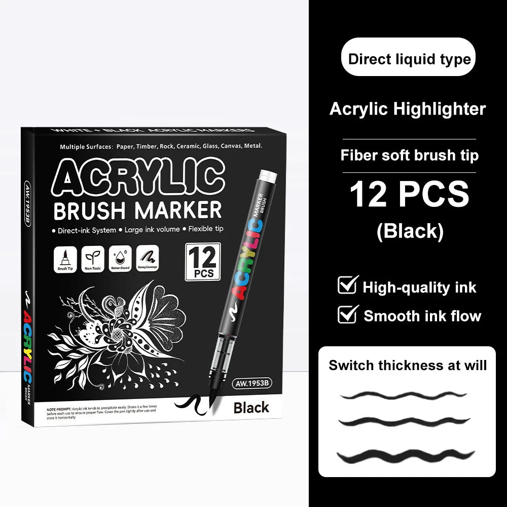 Acrylic Paint Markers Brush Tip, 12 pcs soft tip black & white acrylic marker with Direct-Liquid Ink Control System, Canvas, etc