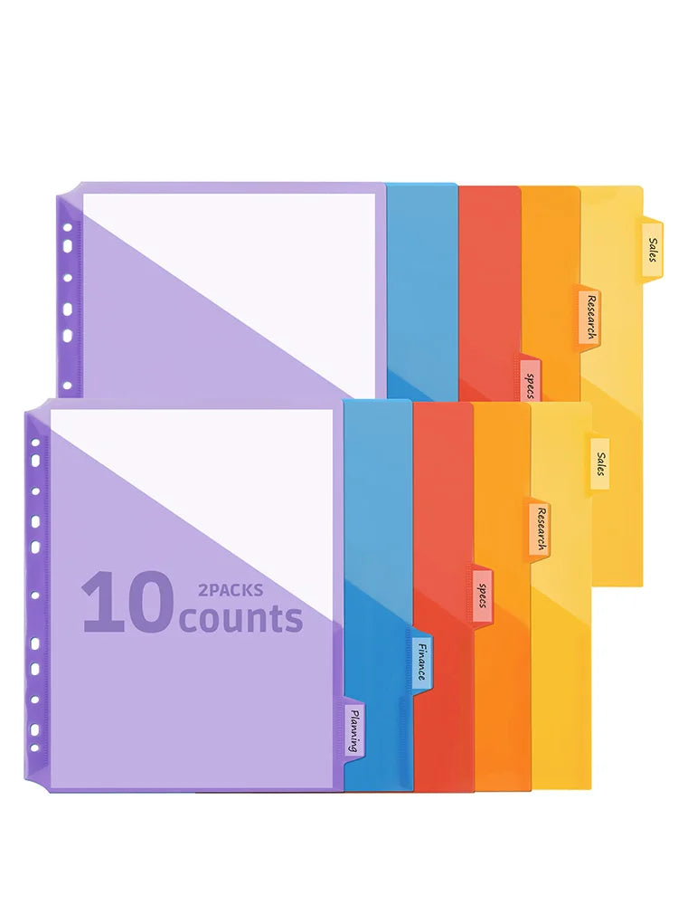 10-Pack 5 Color Binder Dividers with Pockets & Tabs, A4 PP Index Dividers for 2/3/4/11 Ring Binders, Office School Organization