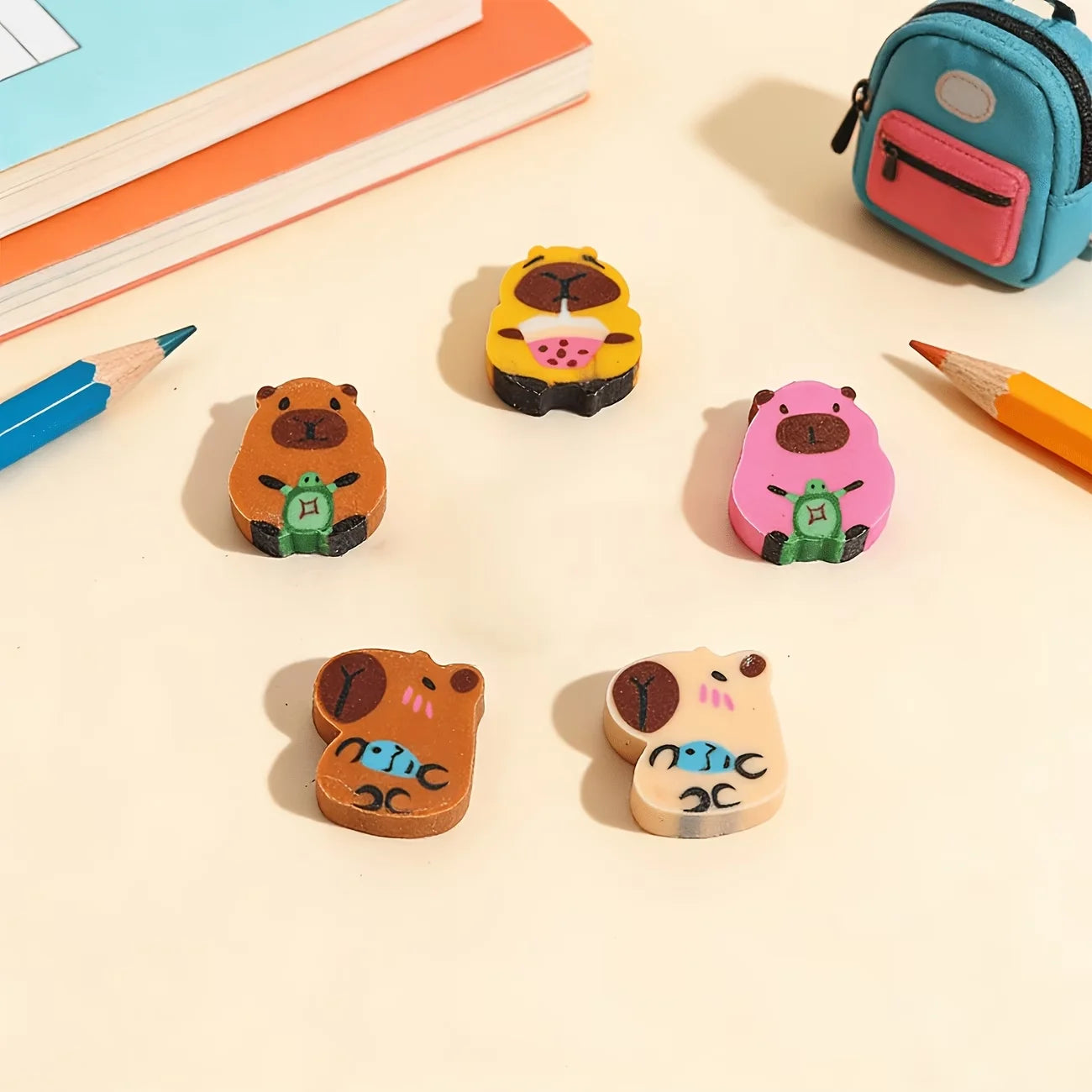 60 mini capybara-shaped erasers, with cute and mini designs, are perfect for classroom, home and school rewards
