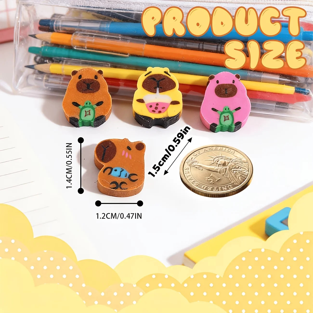 60 mini capybara-shaped erasers, with cute and mini designs, are perfect for classroom, home and school rewards