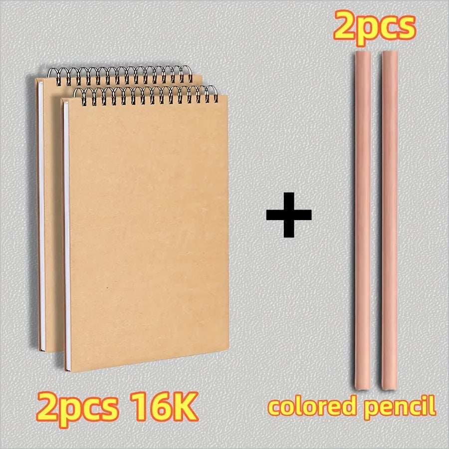 A4/16K/A5/A6 Two Sketchbooks + Two Colored Pencils, Top Spiral Binding, 30 Sheets Each, Perfect for Drawing Kits, Writing Artist