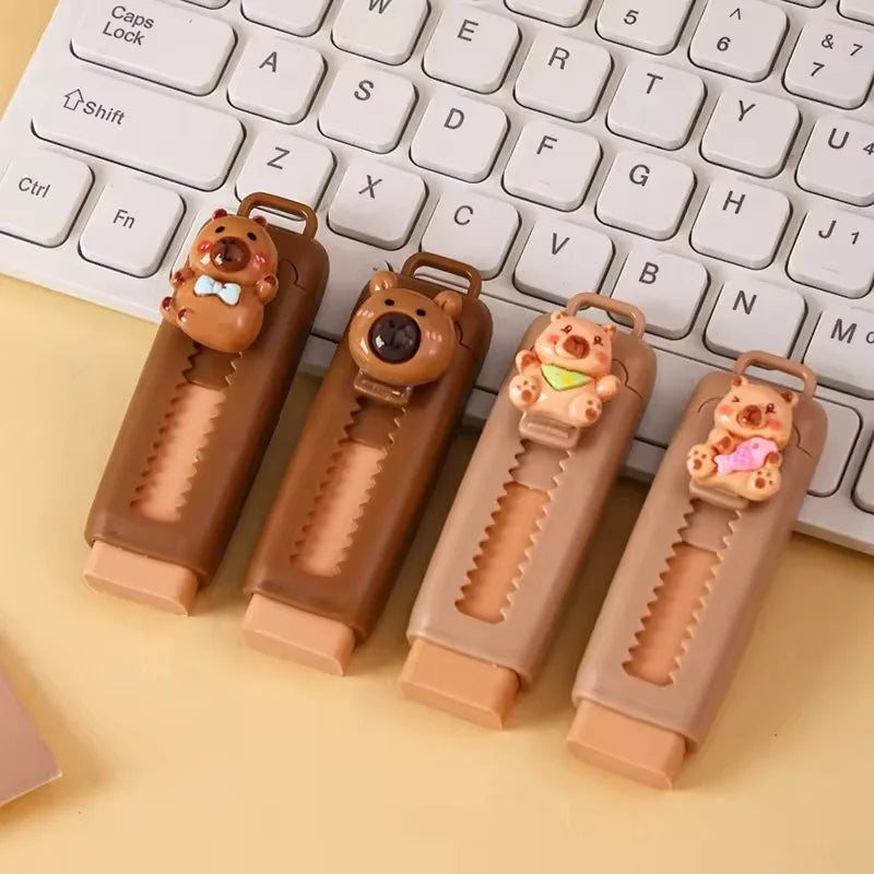 Capybara Eraser Cute Cartoon Bear Retractable Eraser Push-Pull Rubber Erasers Set For School Student Stationery Office Supplies