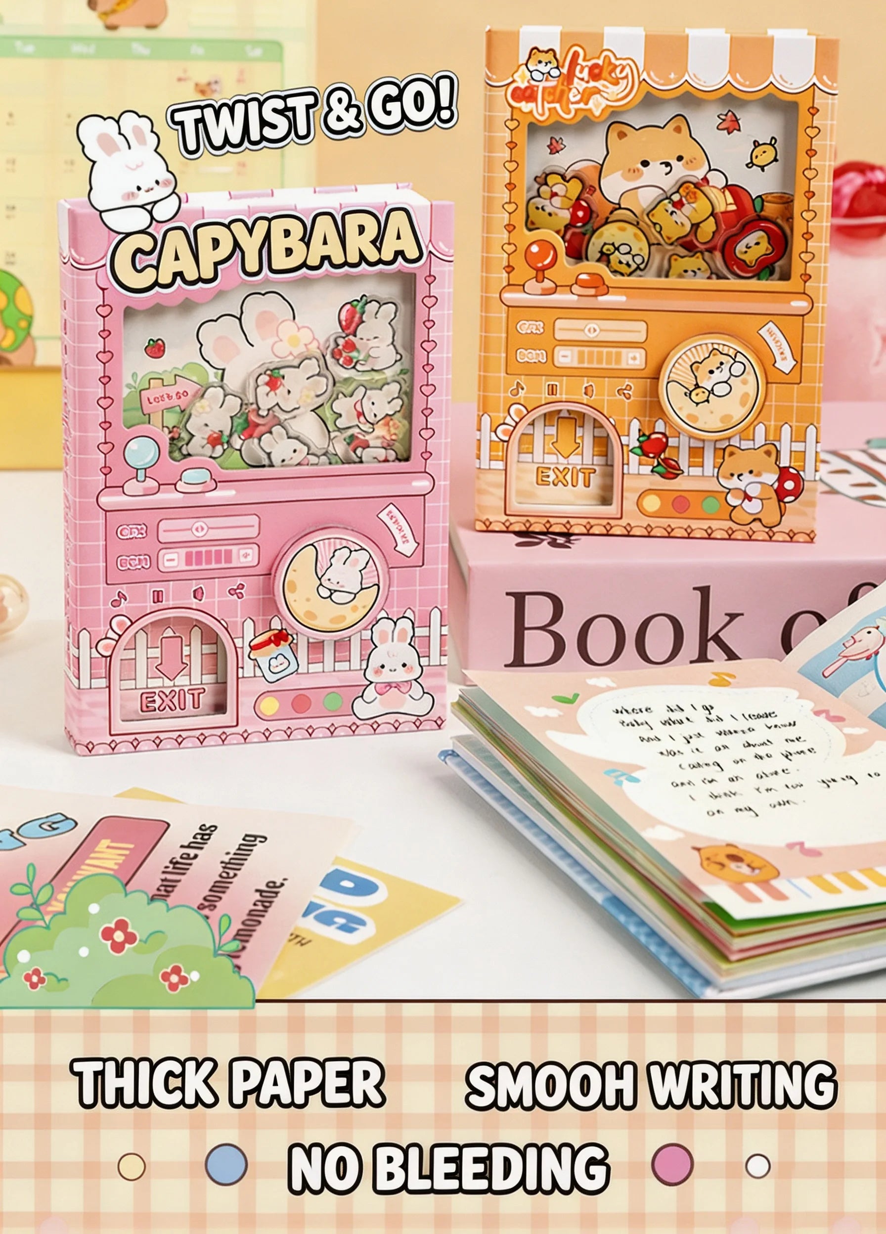Cute Capybara School Notebook, Kawaii Cartoon Writing Journal with Interactive Gashapon Cover, Back to School Supplies for Kids