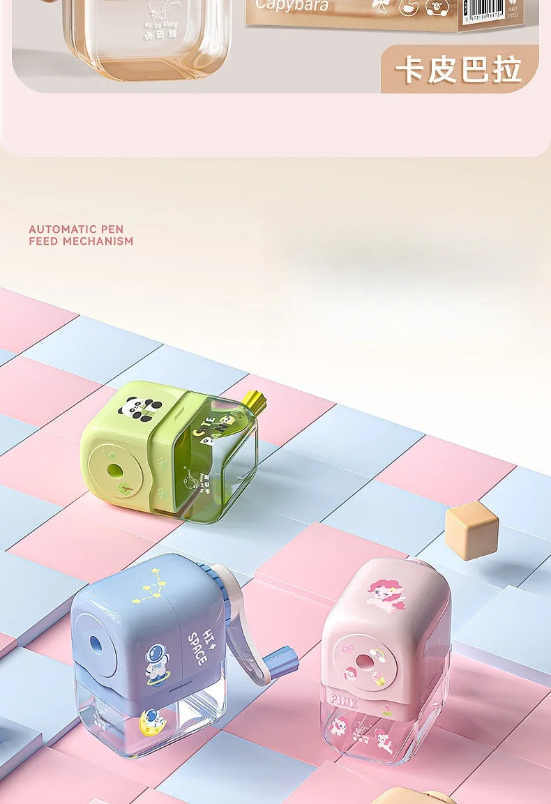 Hand cranked pencil sharpener allows students to sharpen various pencil shapes. Comes with stickers for DIY study supplies