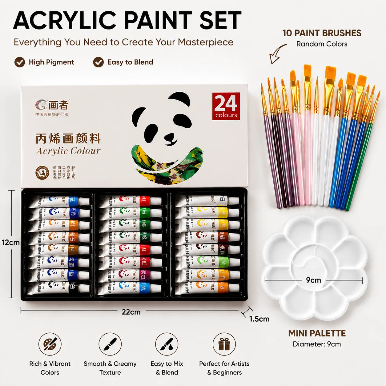 12/18/24-Color Acrylic Paint Set, Including 10 Painting Brushes with Mini Palette Multi-Functional Professional Art Painting Kit