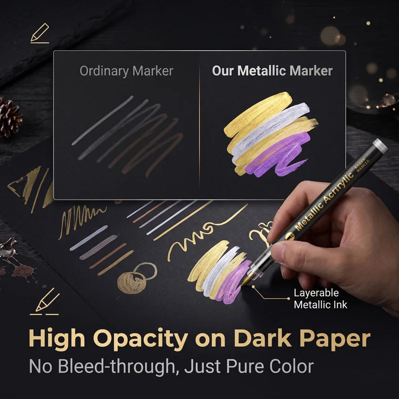 12/24/36/48 metallic acrylic markers have rich pigment, flexible brush tips, ideal for canvas, wood, glass & more art surfaces