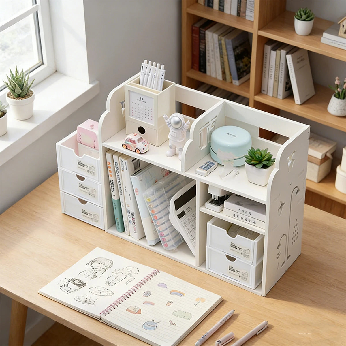 Desk Organizer Shelf, White Desktop Storage Rack with Drawers for Office Stationery Books Cosmetics Supplies Organizer