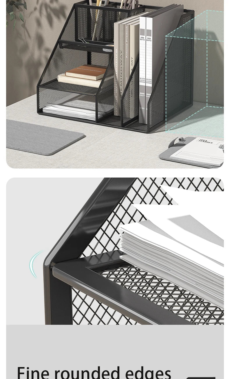 Desk Organizer with File Holder, Desk Organizers with 3 Tier Letter Trays and 2 Pen Holders, Mesh Desk Accessories & Workspace