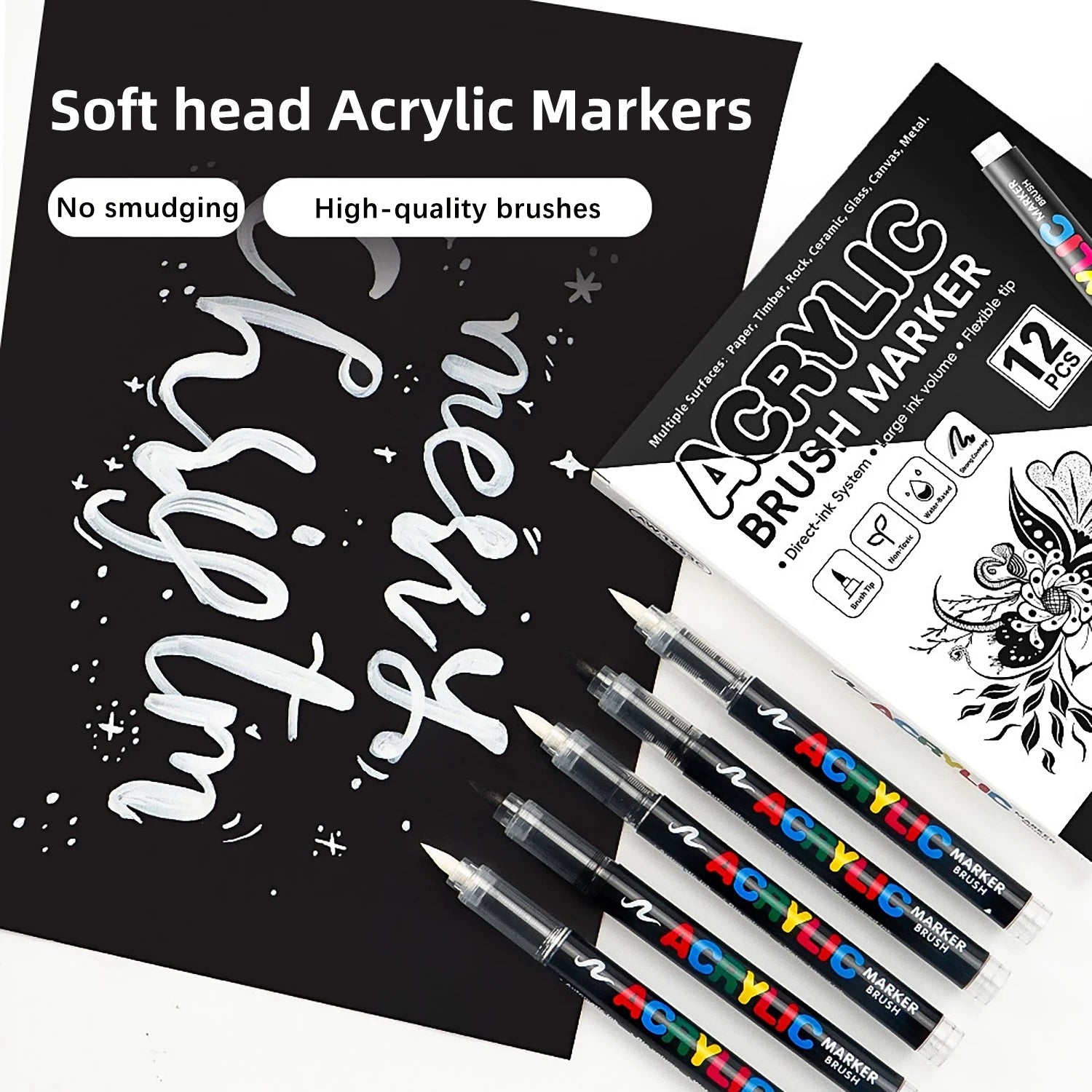 Acrylic Paint Markers Brush Tip, 12 pcs soft tip black & white acrylic marker with Direct-Liquid Ink Control System, Canvas, etc