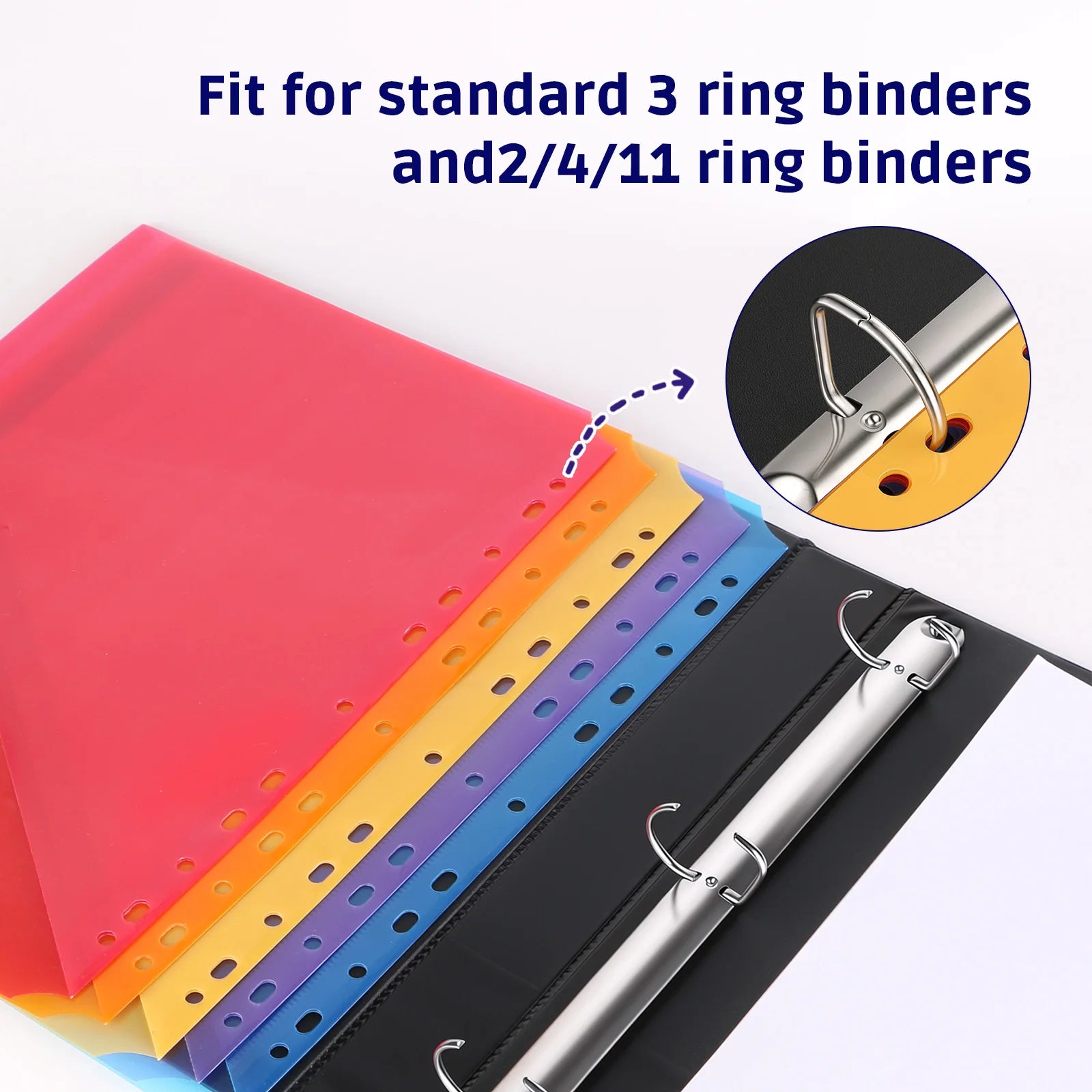 10-Pack 5 Color Binder Dividers with Pockets & Tabs, A4 PP Index Dividers for 2/3/4/11 Ring Binders, Office School Organization