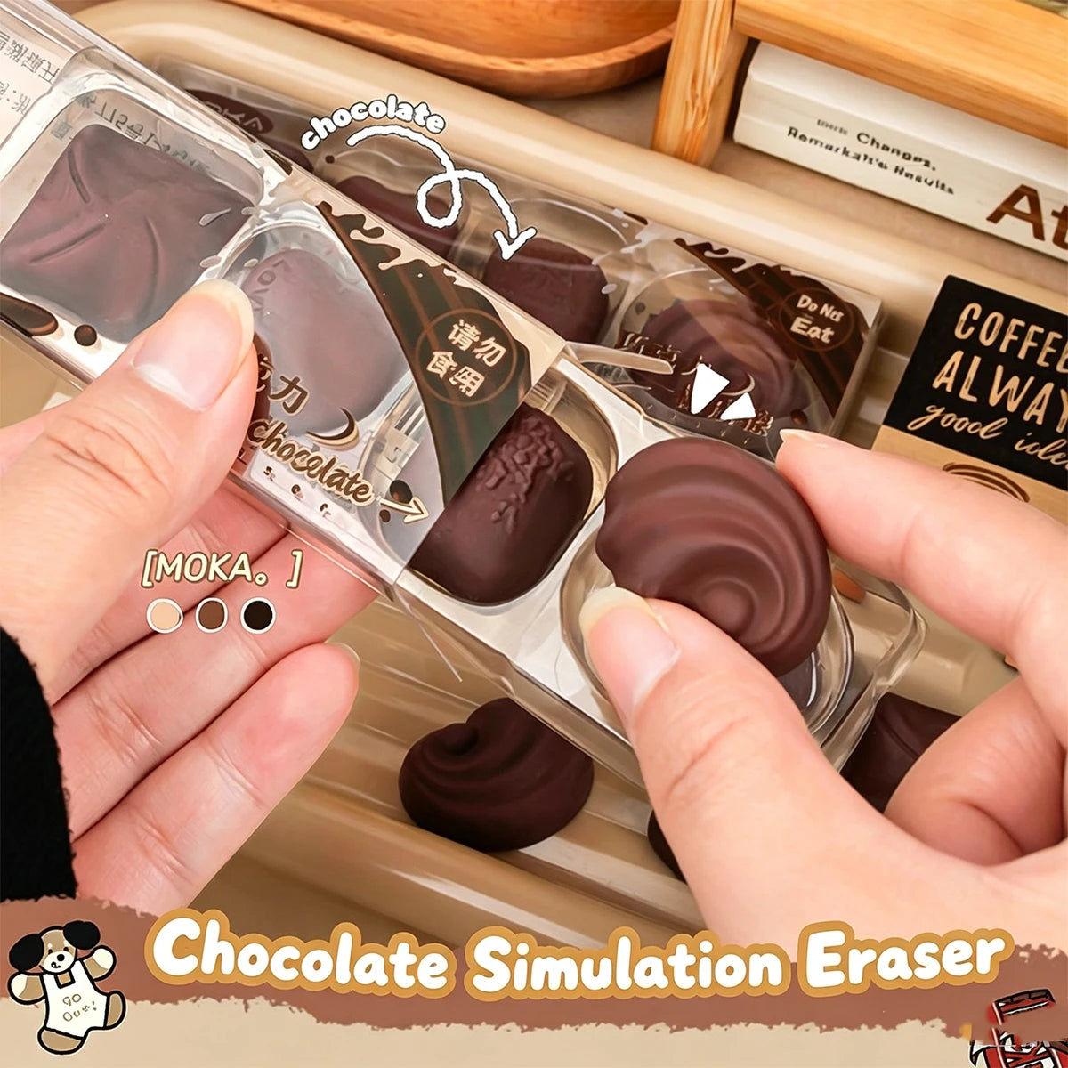 Simulated chocolate eraser with fun, few shavings, big blocks, clean thoroughly, pencil eraser, creative student stationery