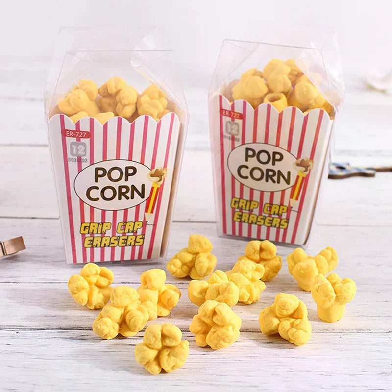 12pcs/box Cute Popcorn Shape Erasers Cute Stationery Pencil Rubbers Eraser Wipe Clean Without Leaving Marks Stationery