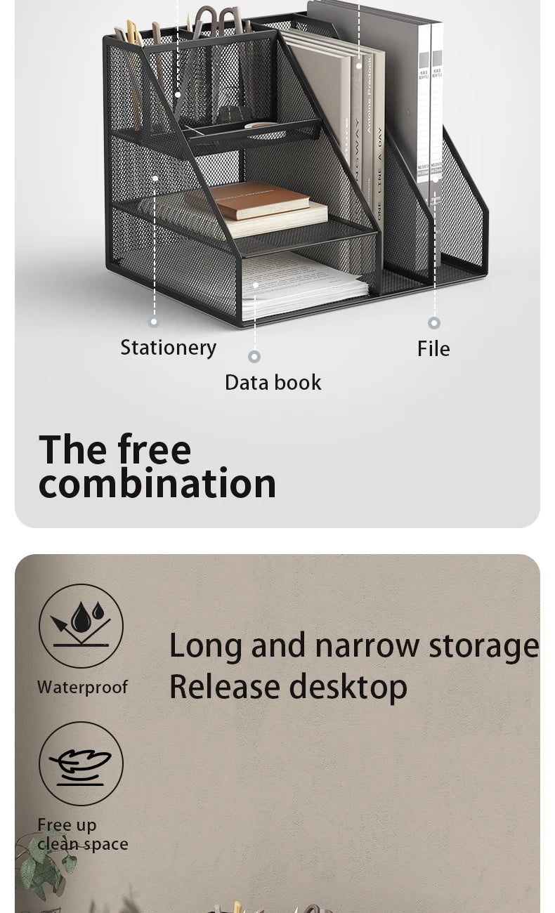 Desk Organizer with File Holder, Desk Organizers with 3 Tier Letter Trays and 2 Pen Holders, Mesh Desk Accessories & Workspace