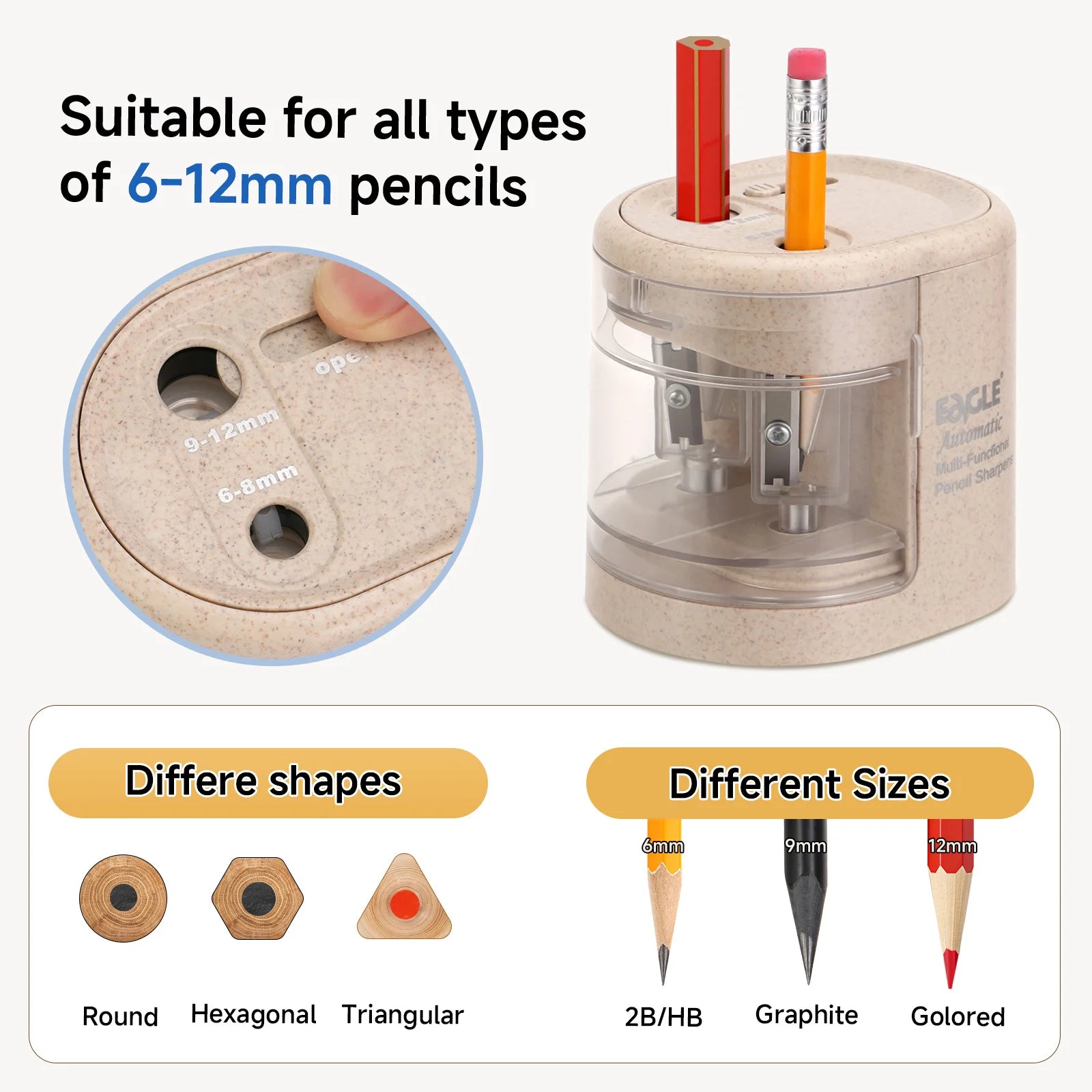 EAGLE Automatic Electric Pencil Sharpener, 5S Fast Sharpening for 6-12mm All Shapes Pencils Home School Office Art Studio