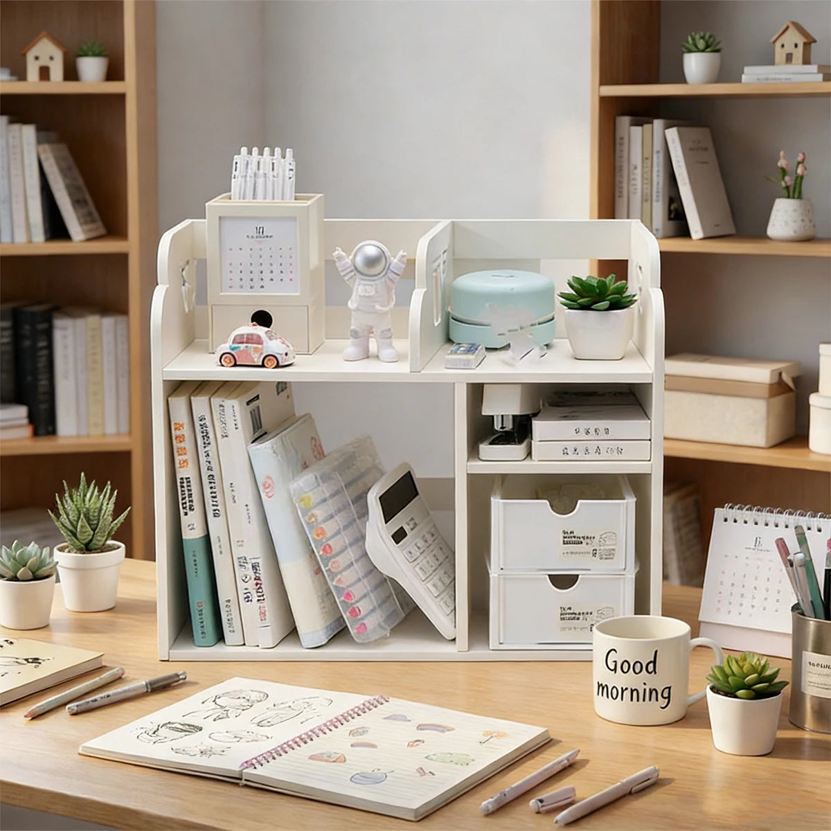 Desk Organizer Shelf, White Desktop Storage Rack with Drawers for Office Stationery Books Cosmetics Supplies Organizer