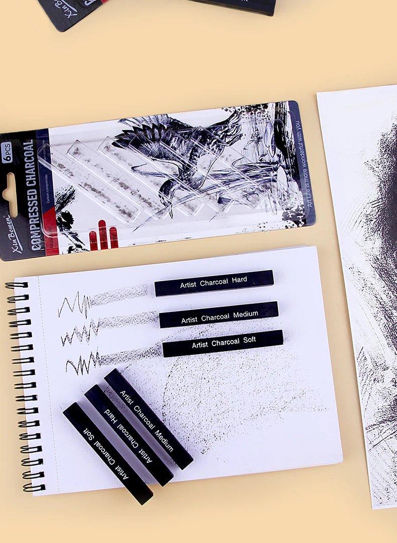 Graphite Sketch Wood Carbon Strip Set, Art Student Painting, Charcoal Pencil, Solid, Wholesale, 6Pcs