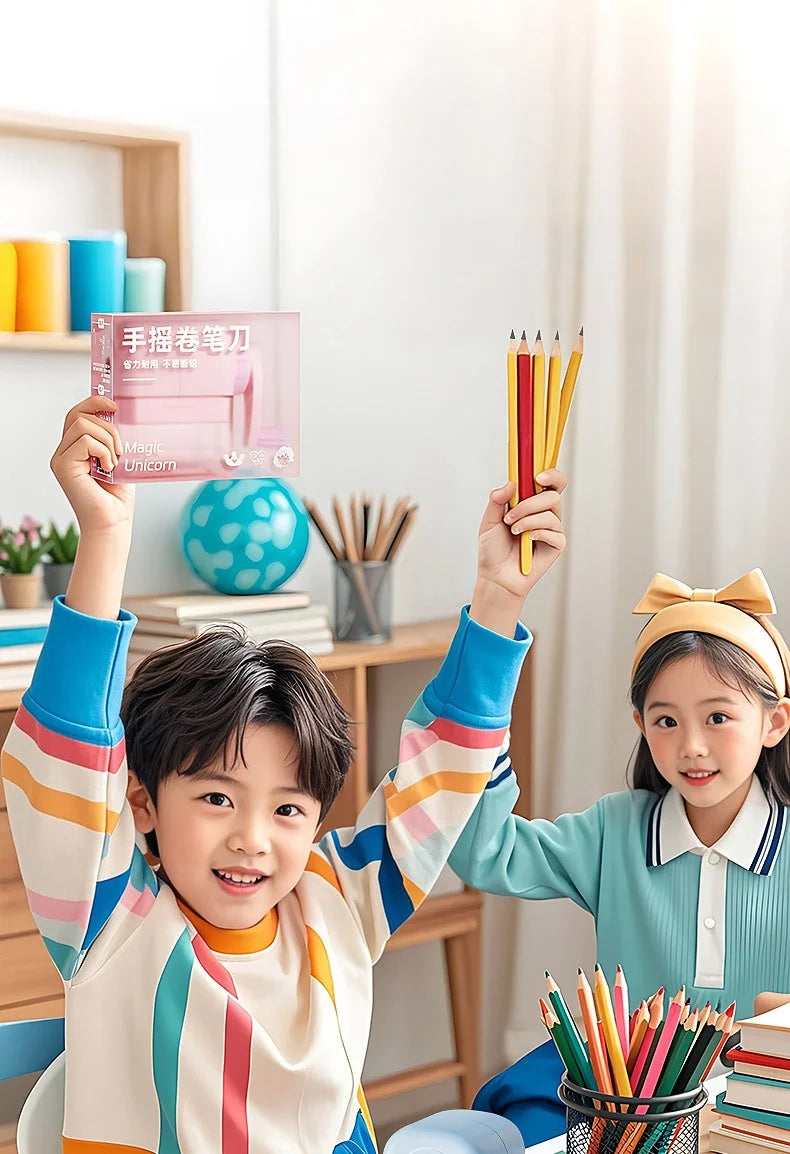 Hand cranked pencil sharpener allows students to sharpen various pencil shapes. Comes with stickers for DIY study supplies
