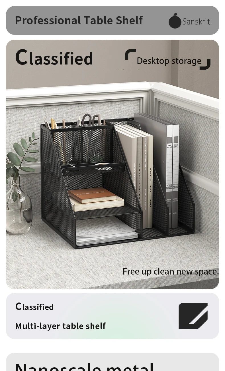 Desk Organizer with File Holder, Desk Organizers with 3 Tier Letter Trays and 2 Pen Holders, Mesh Desk Accessories & Workspace