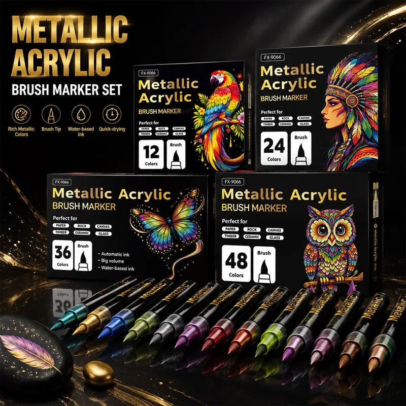 12/24/36/48 metallic acrylic markers have rich pigment, flexible brush tips, ideal for canvas, wood, glass & more art surfaces