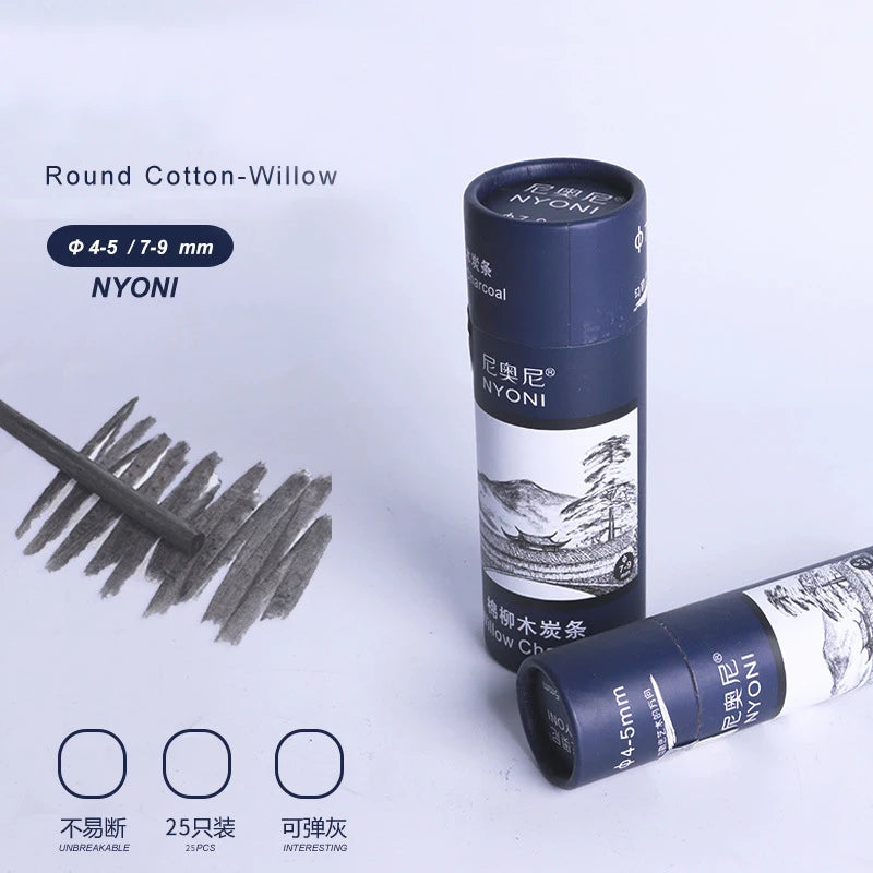 25Pcs Willow Charcoal Stick Design Sketch Black Fine Bar Carbon Stick φ4-5MM φ7-9MM For Extra Thick Painting Art Supplies