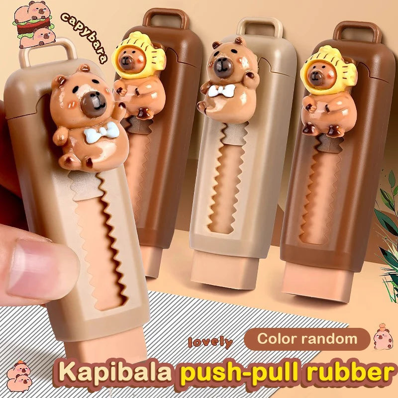 Capybara Eraser Cute Cartoon Bear Retractable Eraser Push-Pull Rubber Erasers Set For School Student Stationery Office Supplies