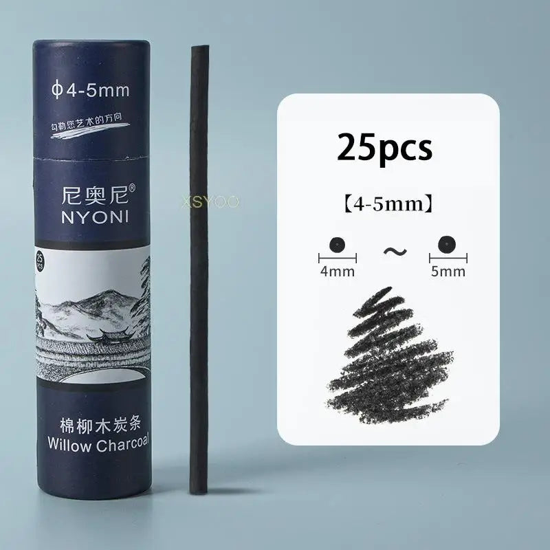 25Pcs Willow Charcoal Stick Design Sketch Black Fine Bar Carbon Stick φ4-5MM φ7-9MM For Extra Thick Painting Art Supplies