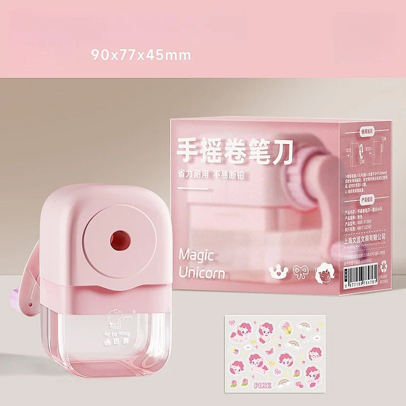 Hand cranked pencil sharpener allows students to sharpen various pencil shapes. Comes with stickers for DIY study supplies