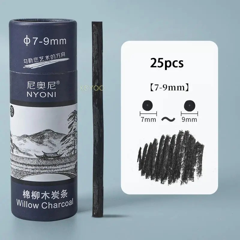 25Pcs Willow Charcoal Stick Design Sketch Black Fine Bar Carbon Stick φ4-5MM φ7-9MM For Extra Thick Painting Art Supplies