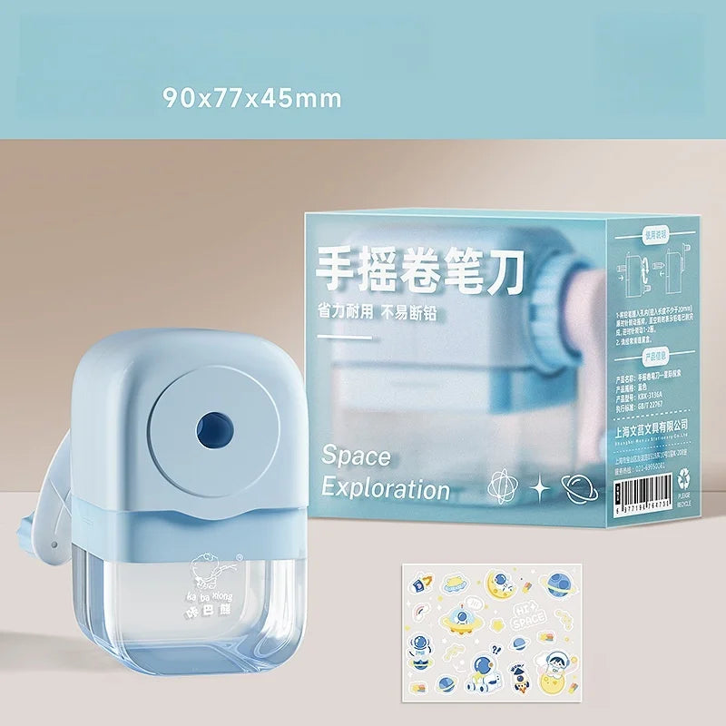 Hand cranked pencil sharpener allows students to sharpen various pencil shapes. Comes with stickers for DIY study supplies