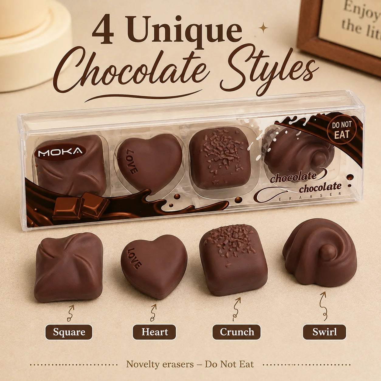 Simulated chocolate eraser with fun, few shavings, big blocks, clean thoroughly, pencil eraser, creative student stationery